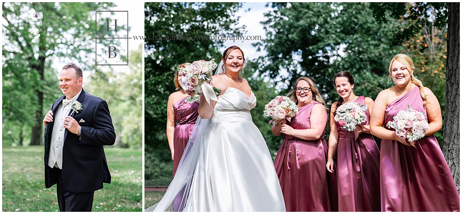 Bride watches groom get photos taken