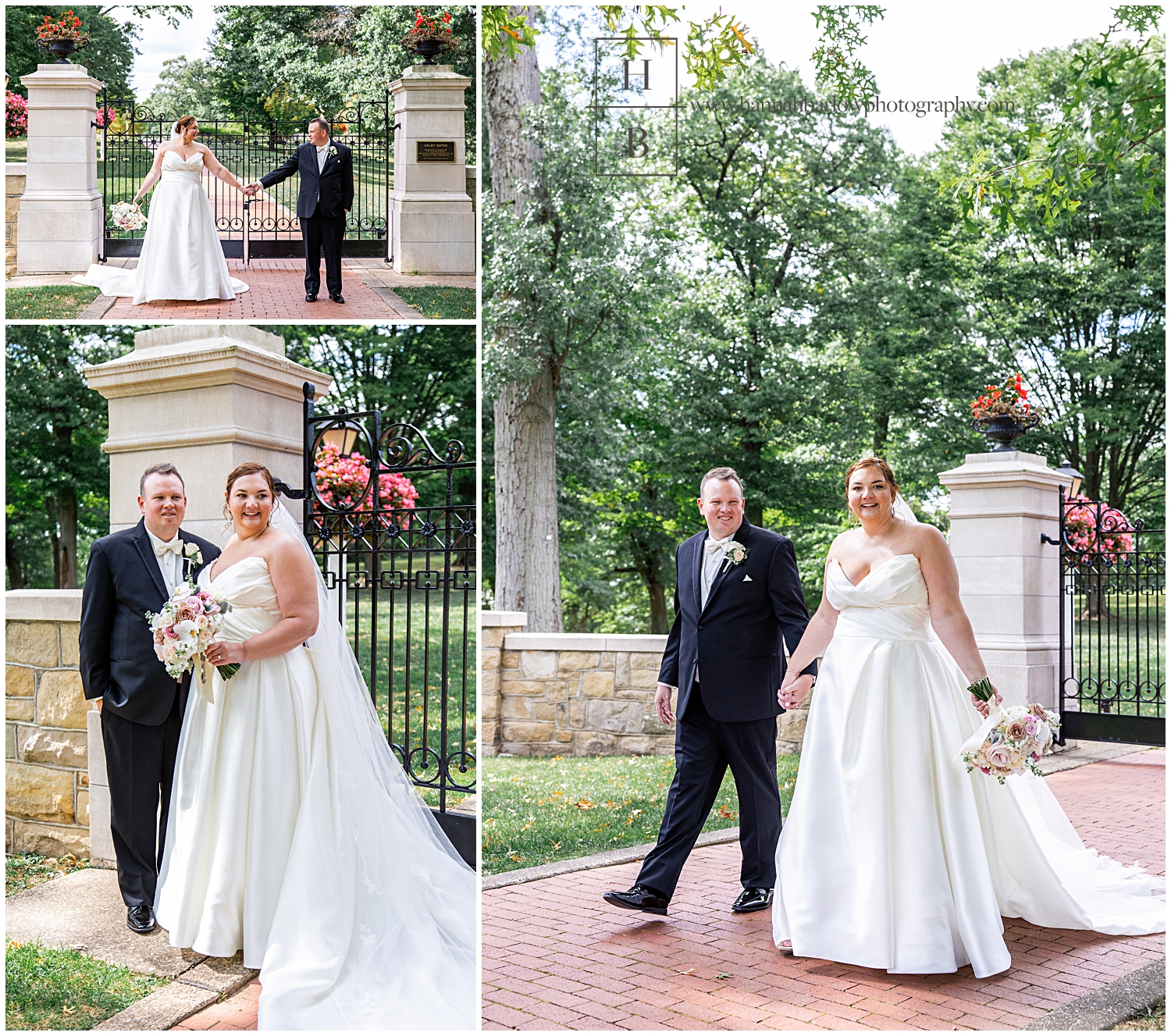 Bride and groom portraits on red brick path by stone pillars