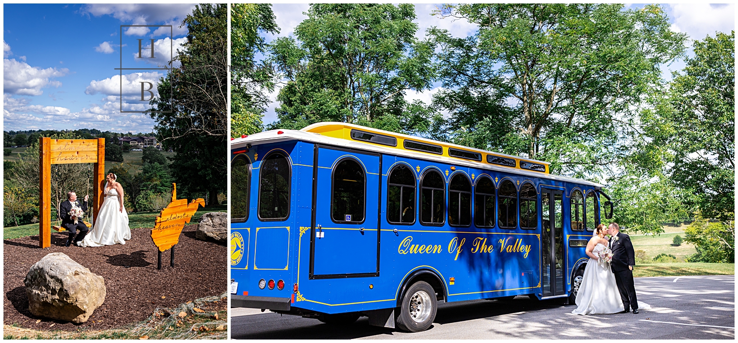 Bride and groom post by swing and blue trolley