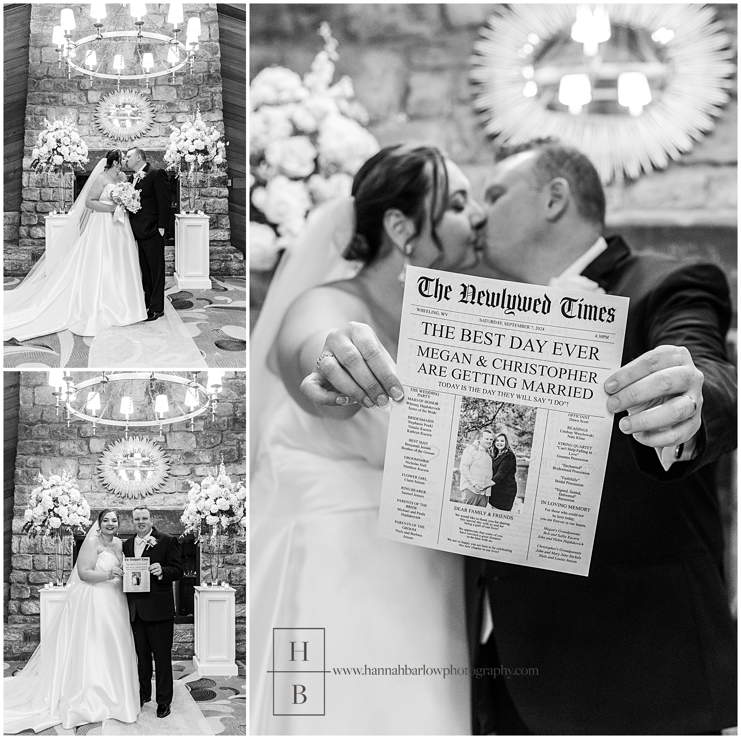 Black and white photos of bride and groom holding wedding newspaper