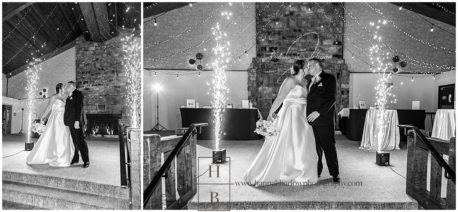 Black and white photos of bride and groom kissing by sparklers