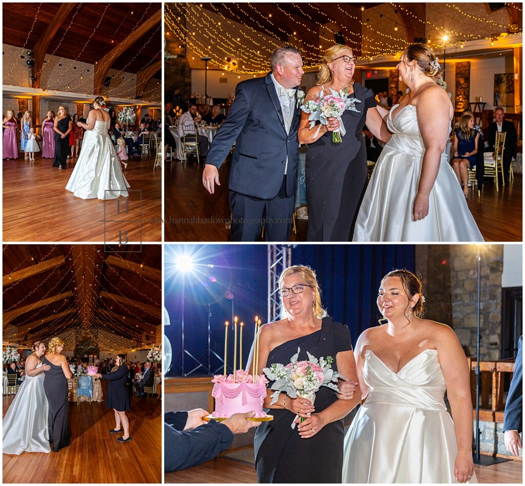 Mother of the bride gets birthday cake at wedding reception