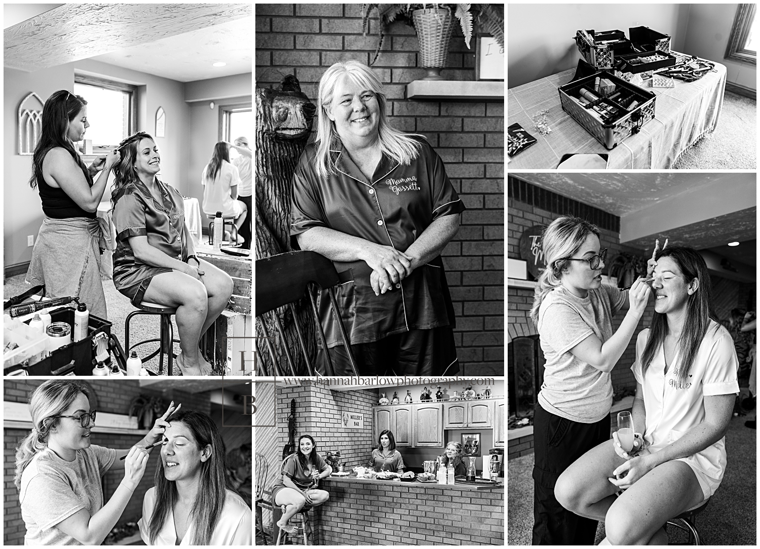 Black and white wedding photos of ladies getting ready in silk pajamas