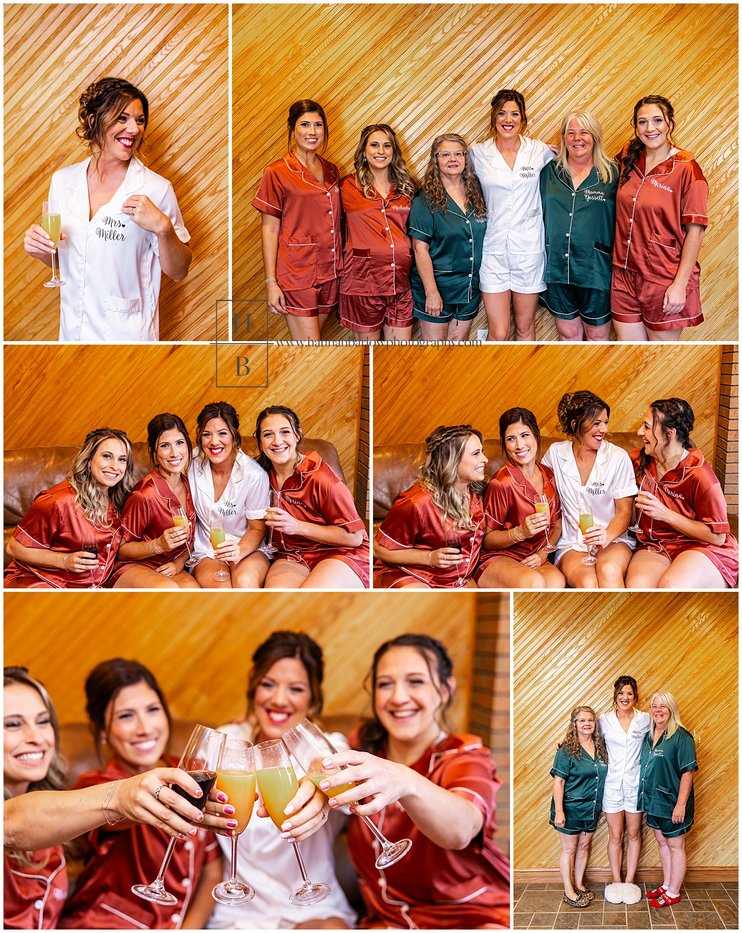 Ladies in orange and green silk pajamas pose with bride