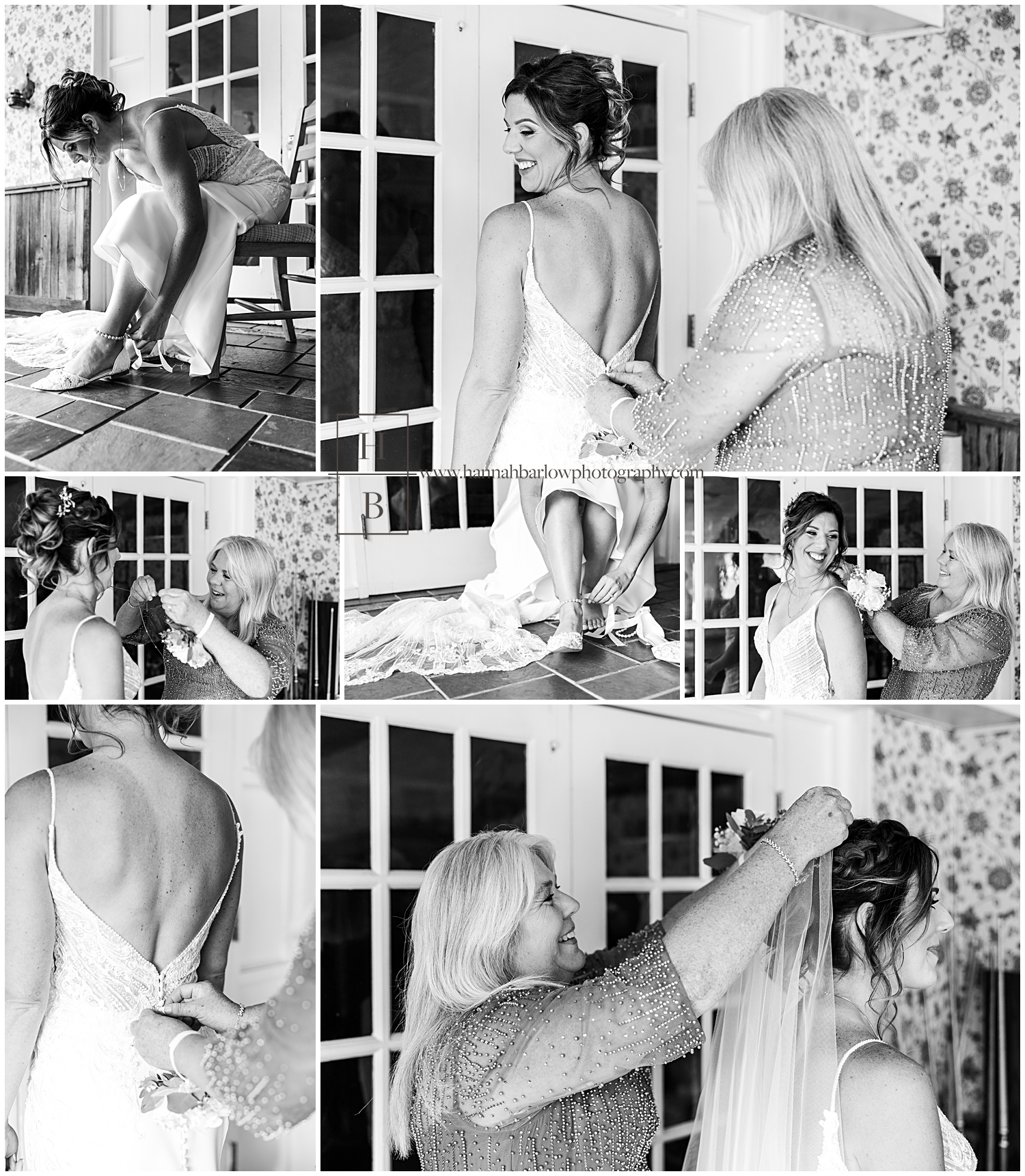 Black and white photos of mom helping Bride get ready