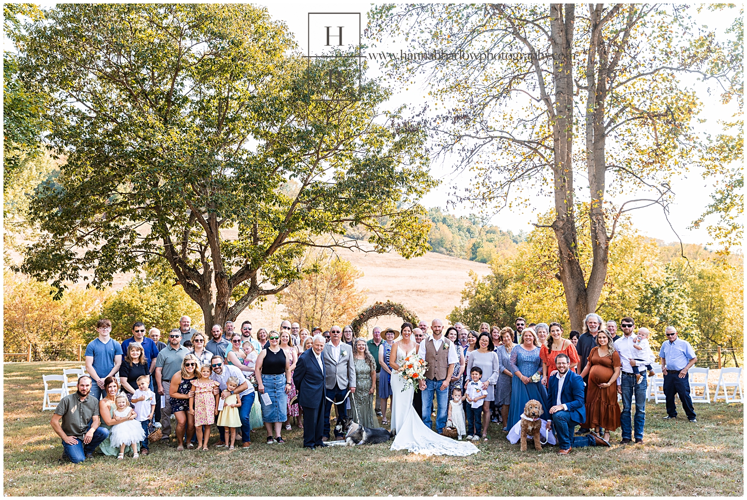 Wedding photo of all guests at wedding ceremony