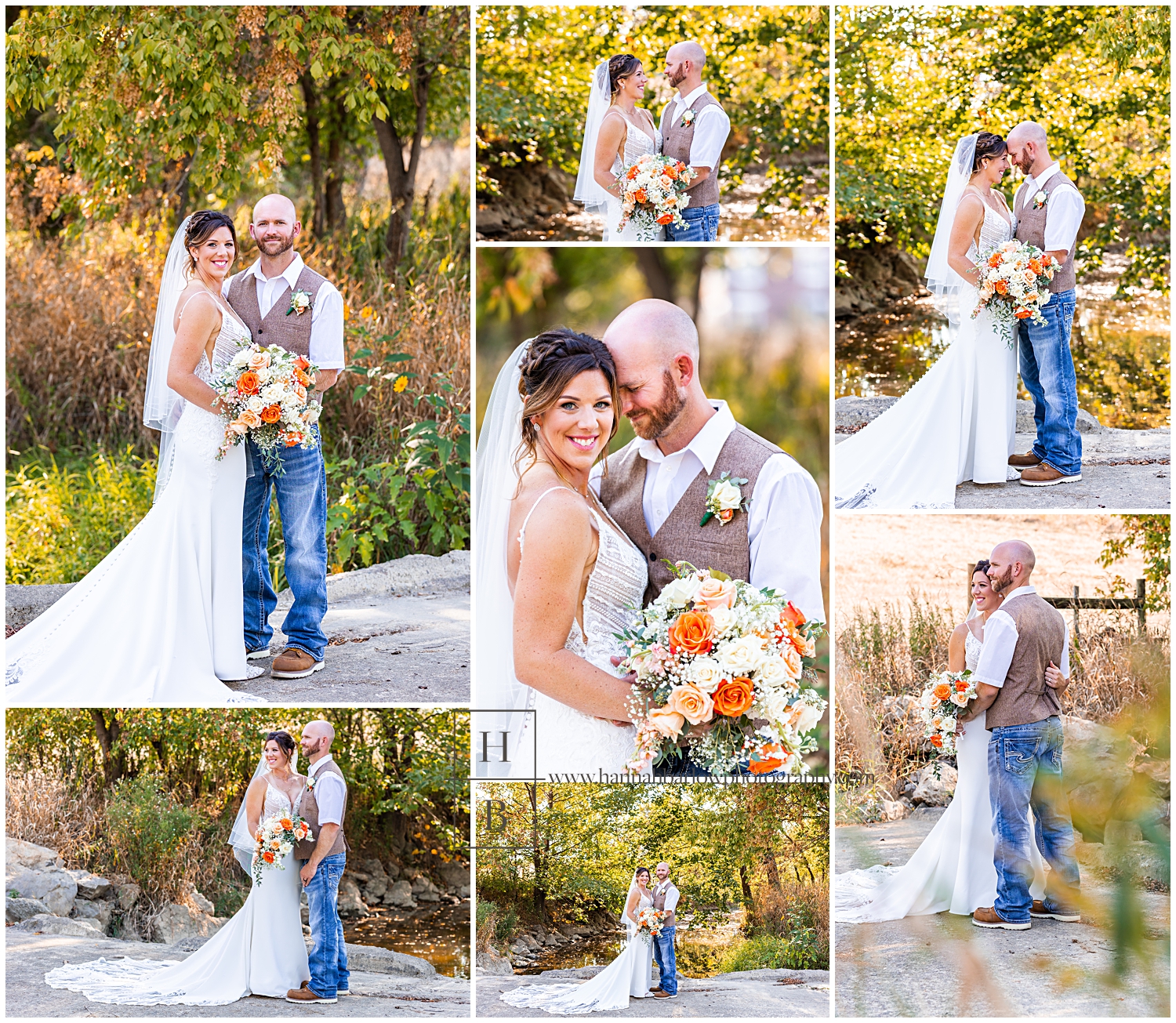 Bride and groom wedding portraits in the fall