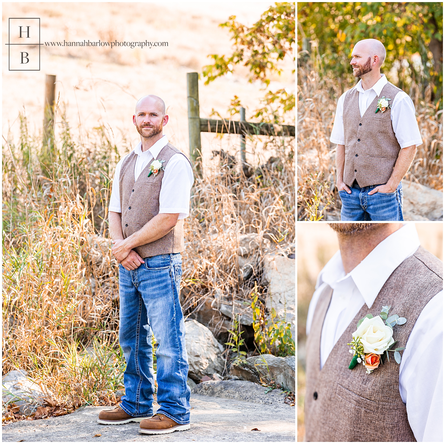 Groom and tan vest and jeans poses for fall portrait