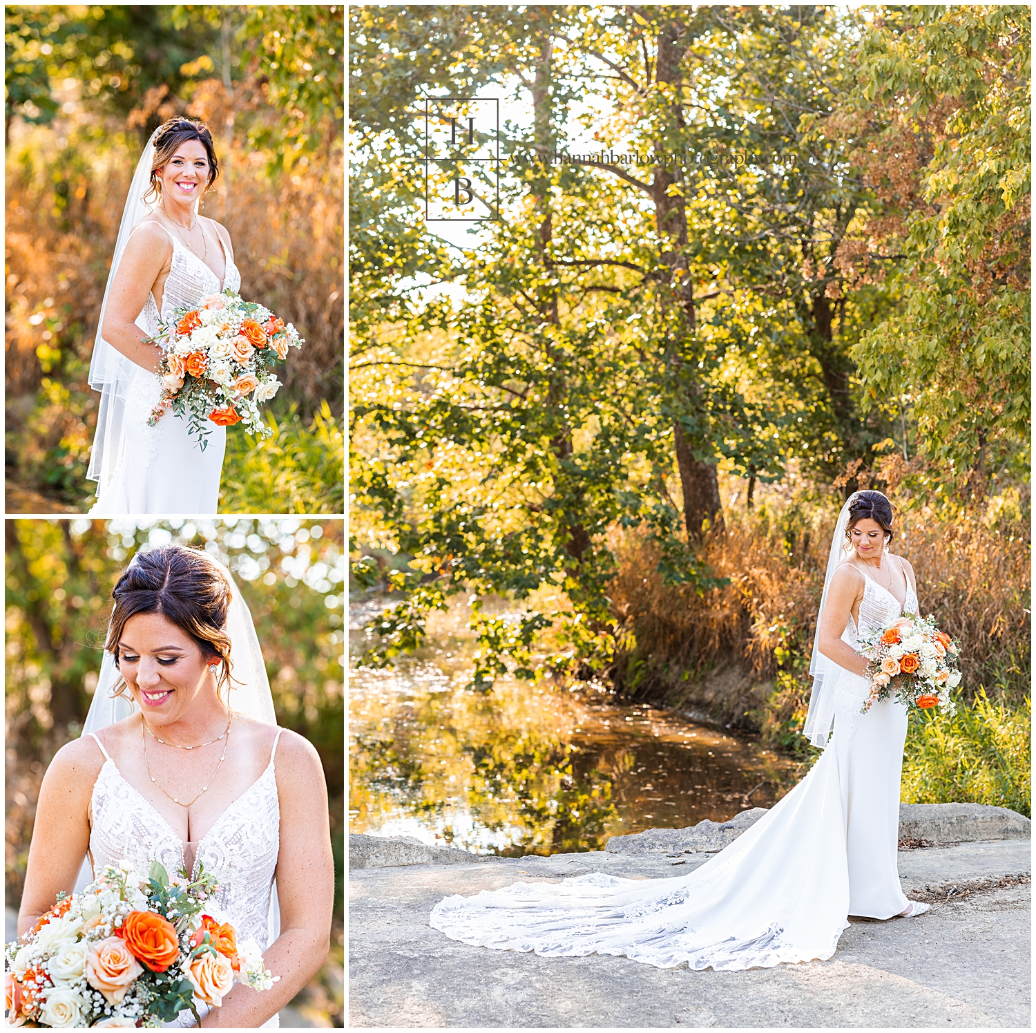 Bride holding orange flowers poses for fall portrait