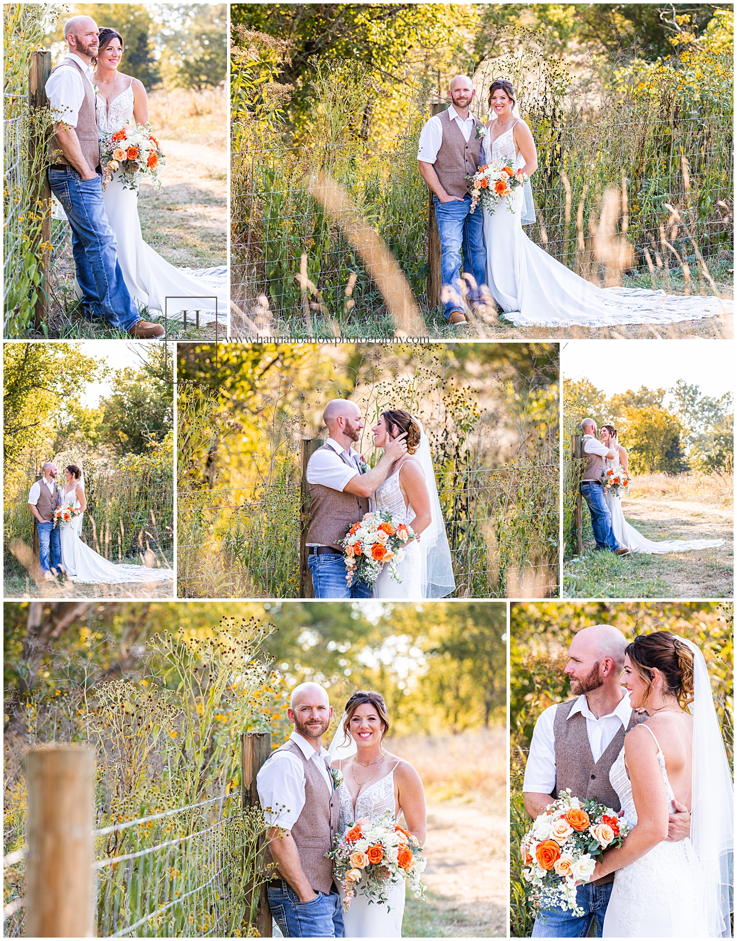 Bride and groom pose by fence and fall field