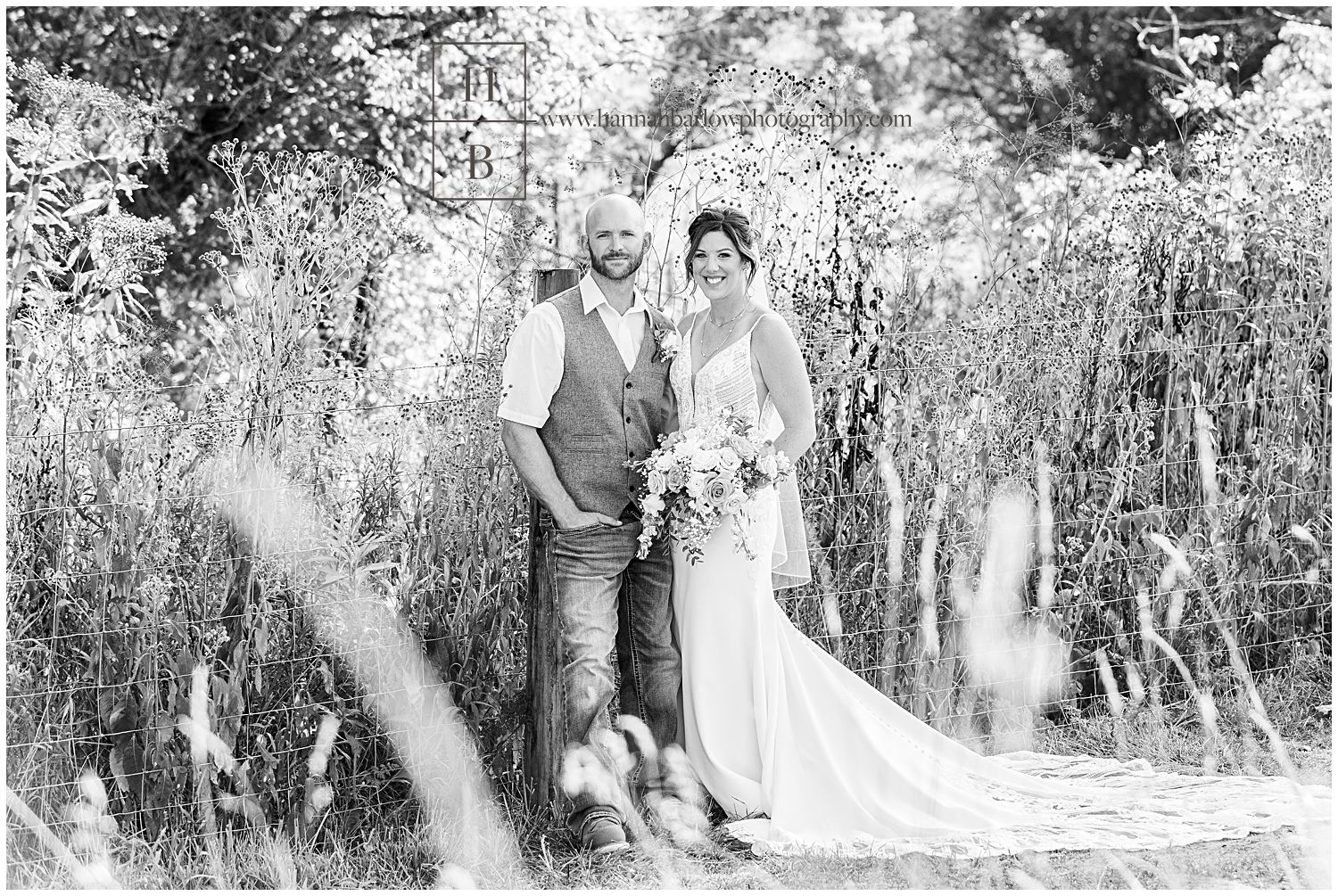 Black and white photo of bride and groom