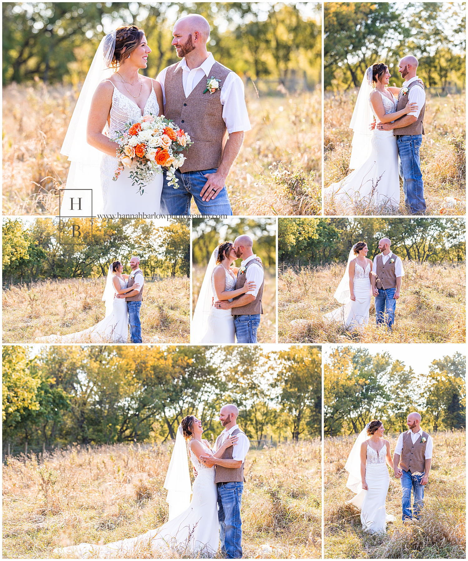 Bride and groom post for fall portraits in field