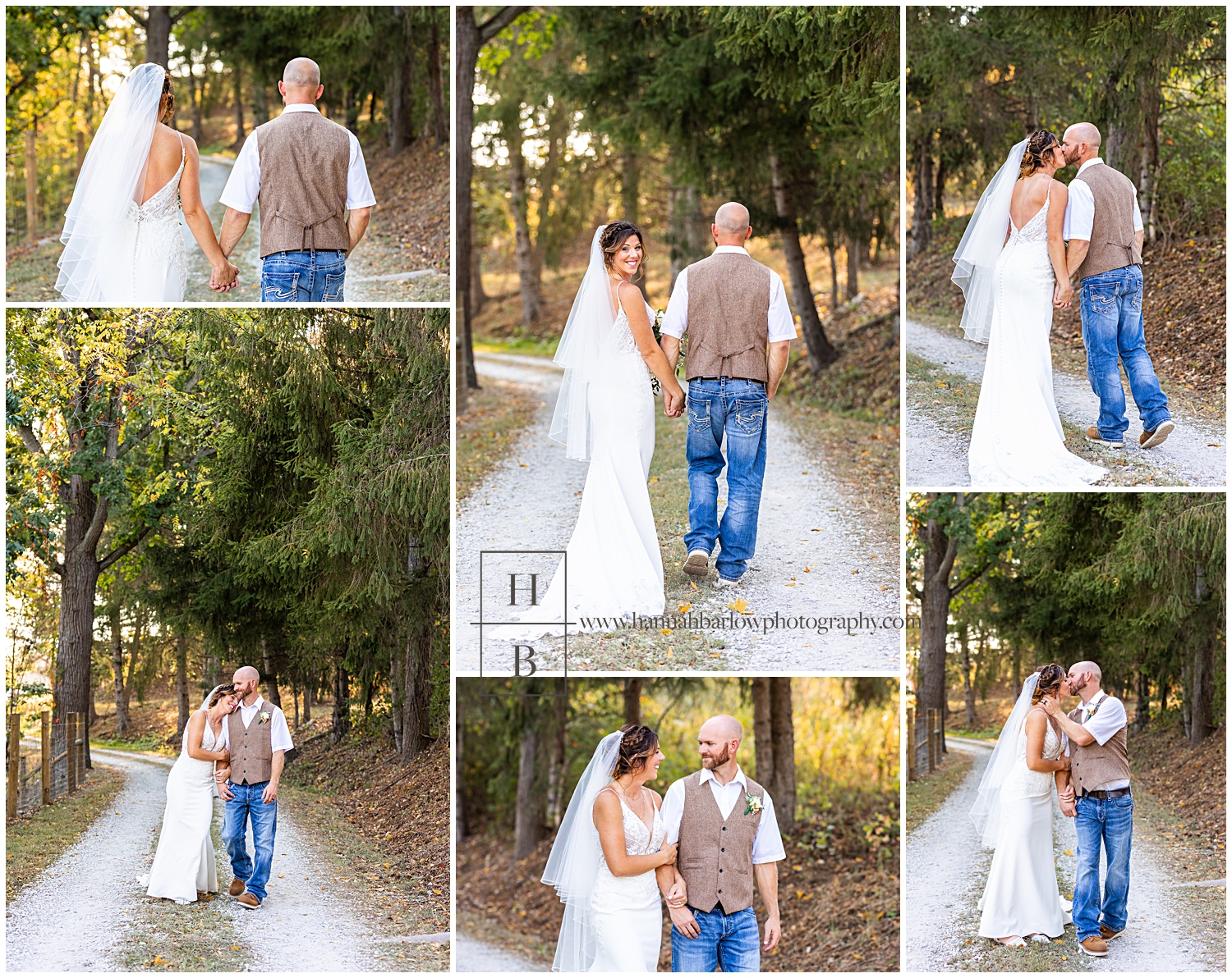 Bride and groom walk down gravel path surrounded by pine trees