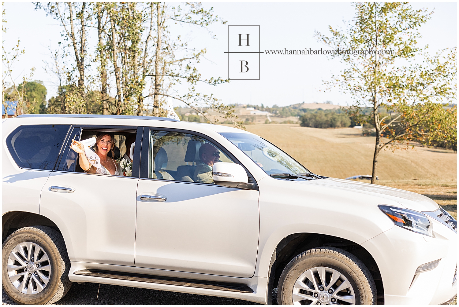 Bride waves out car door