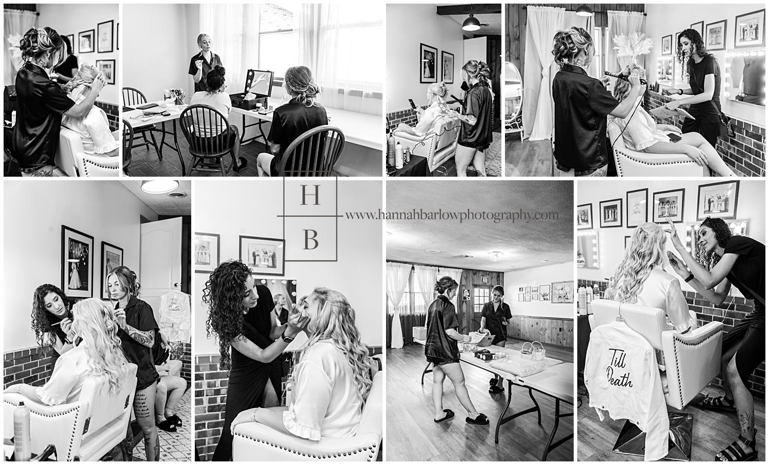 Black and white photos of Bride getting hair and make up done