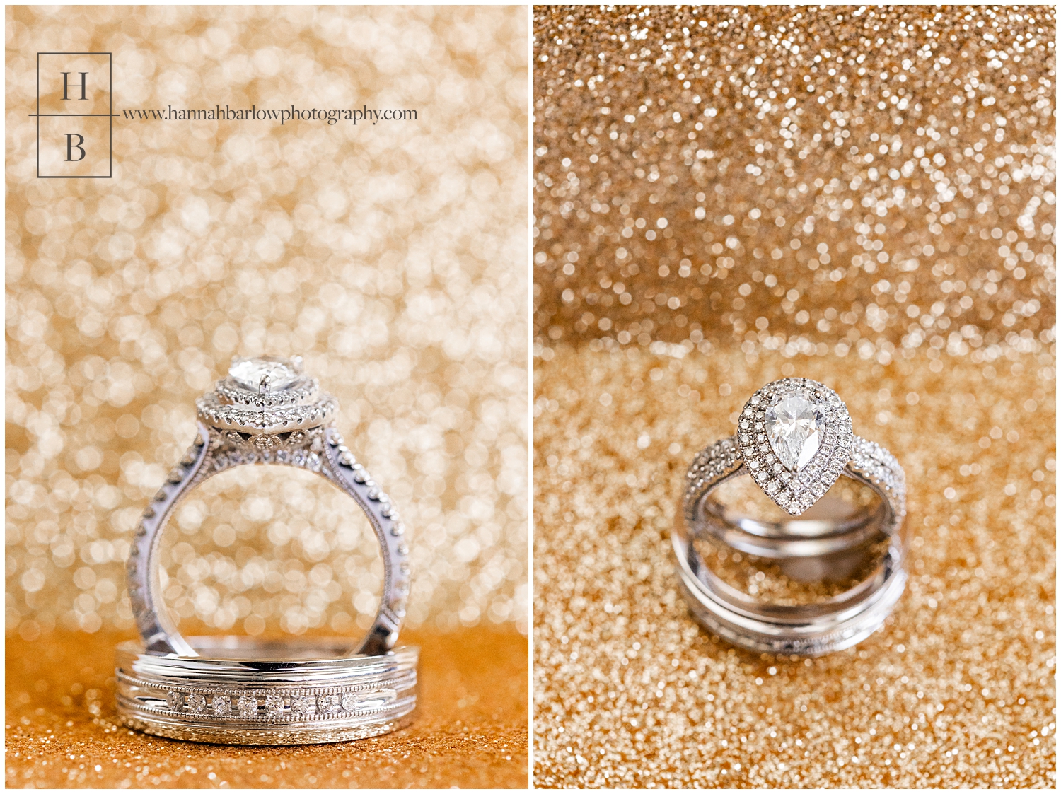 Wedding rings stand on bright gold glitter