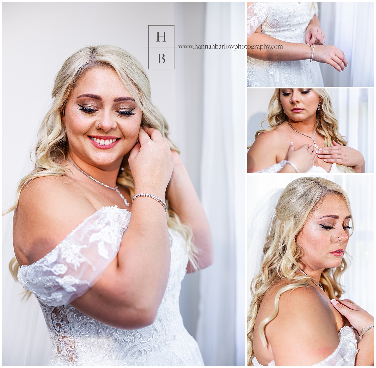 Bride puts jewelry on by window