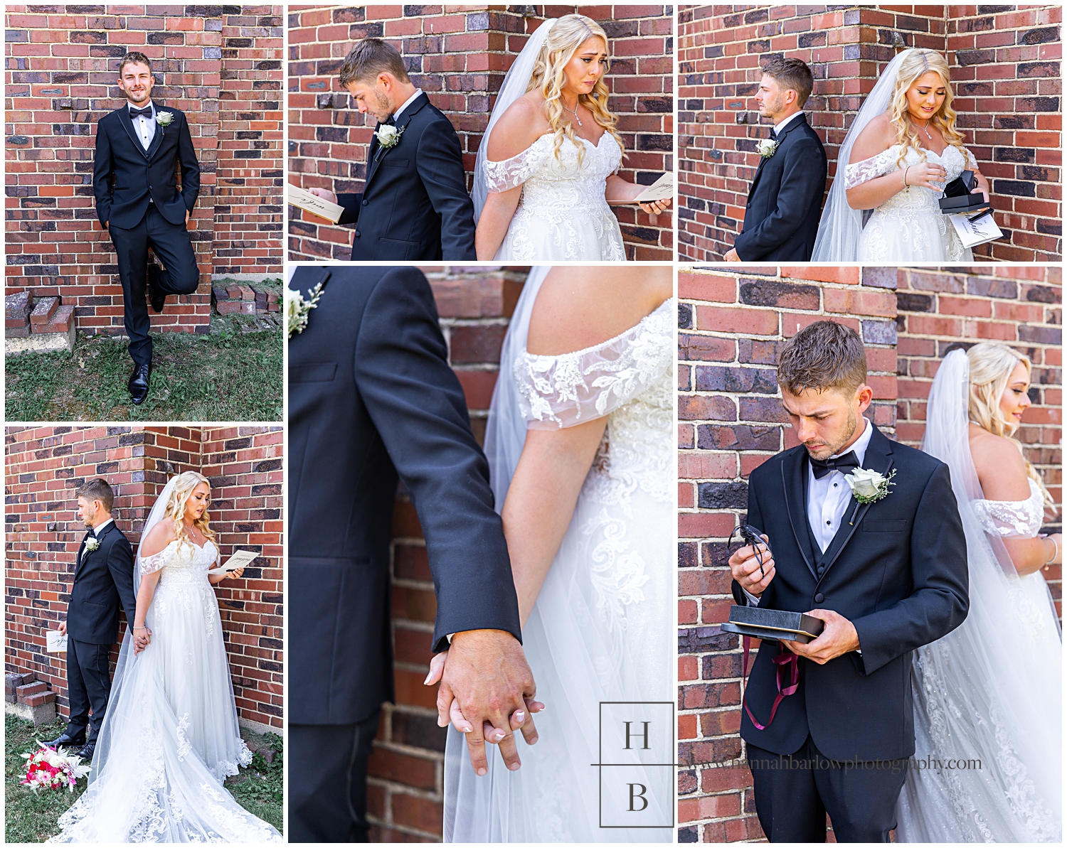 Bride and groom share first touch moment and read vows by brick wall