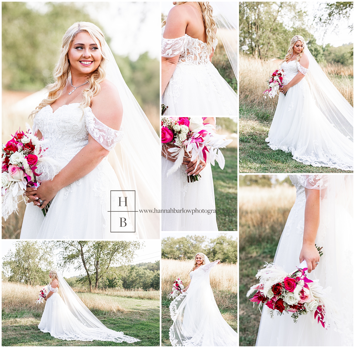 Bride stands in field and holds fuchsia bouquet for bridal photos