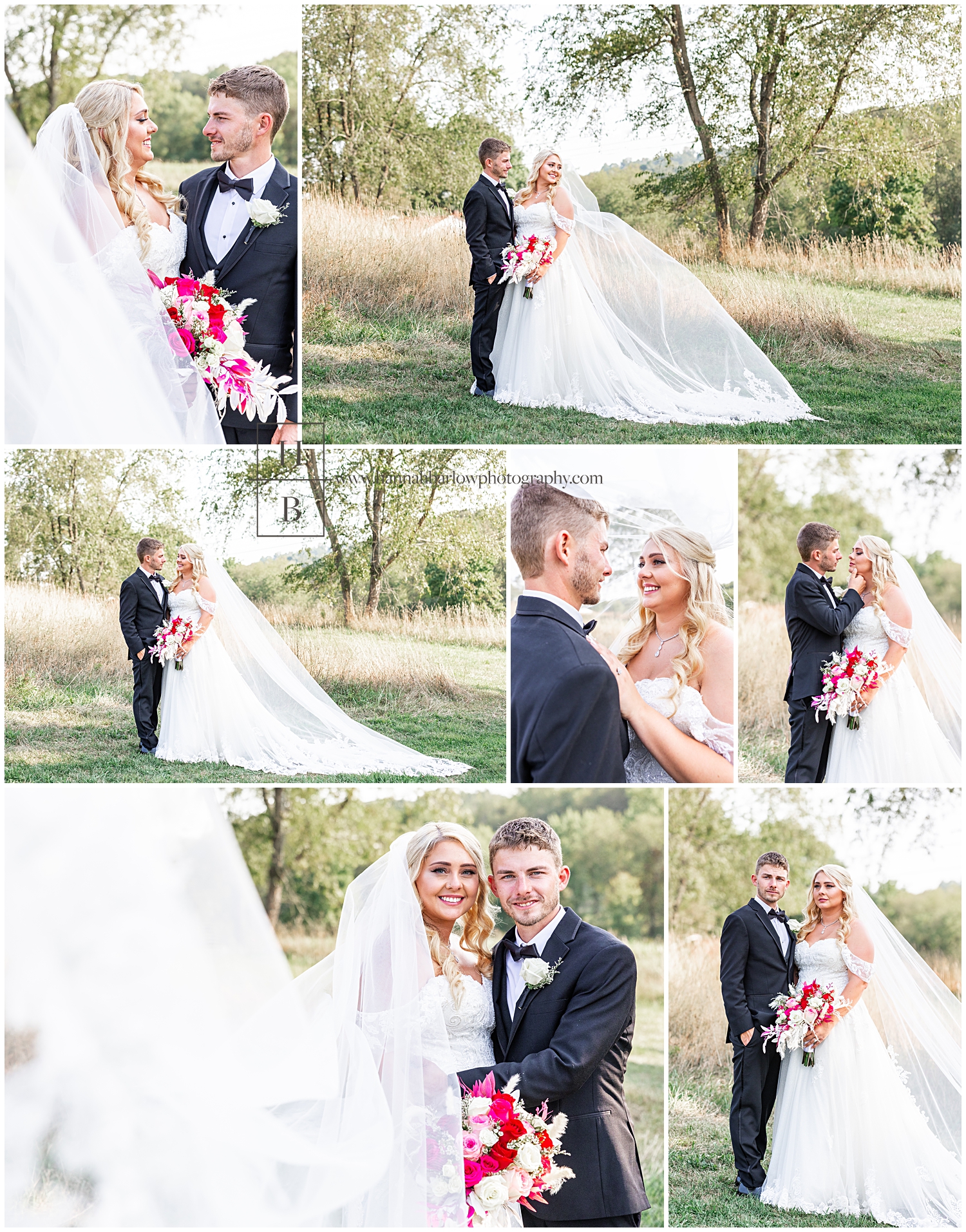 Bride and groom pose in field