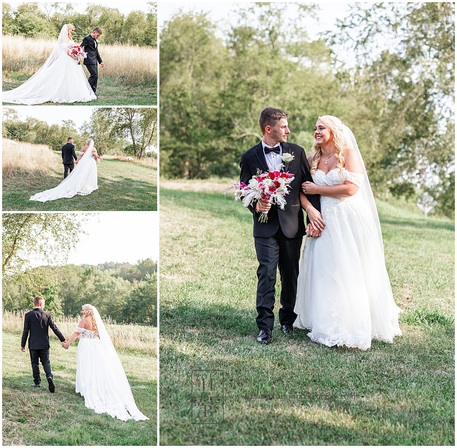 Bride and groom walk in field