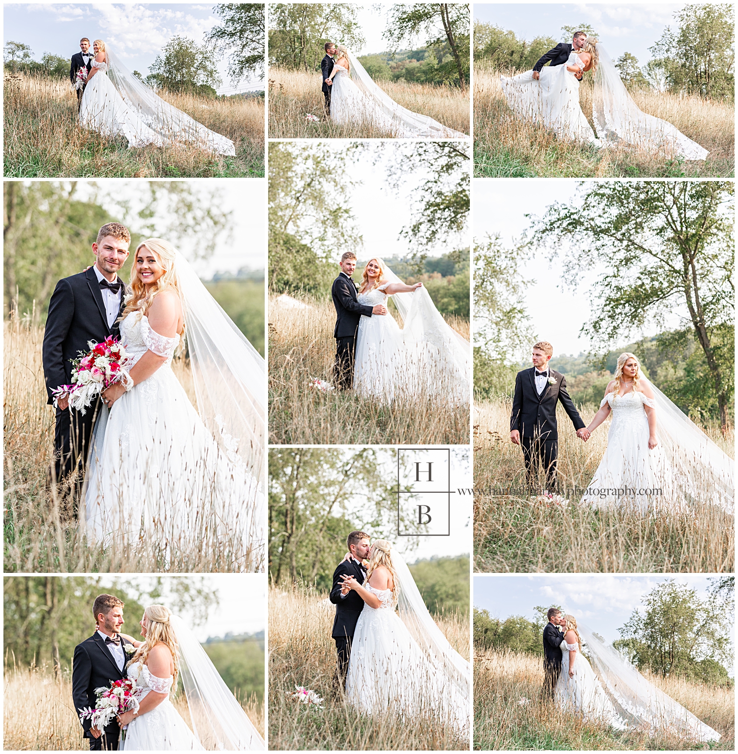 Bride and groom pose infield for a couple photos