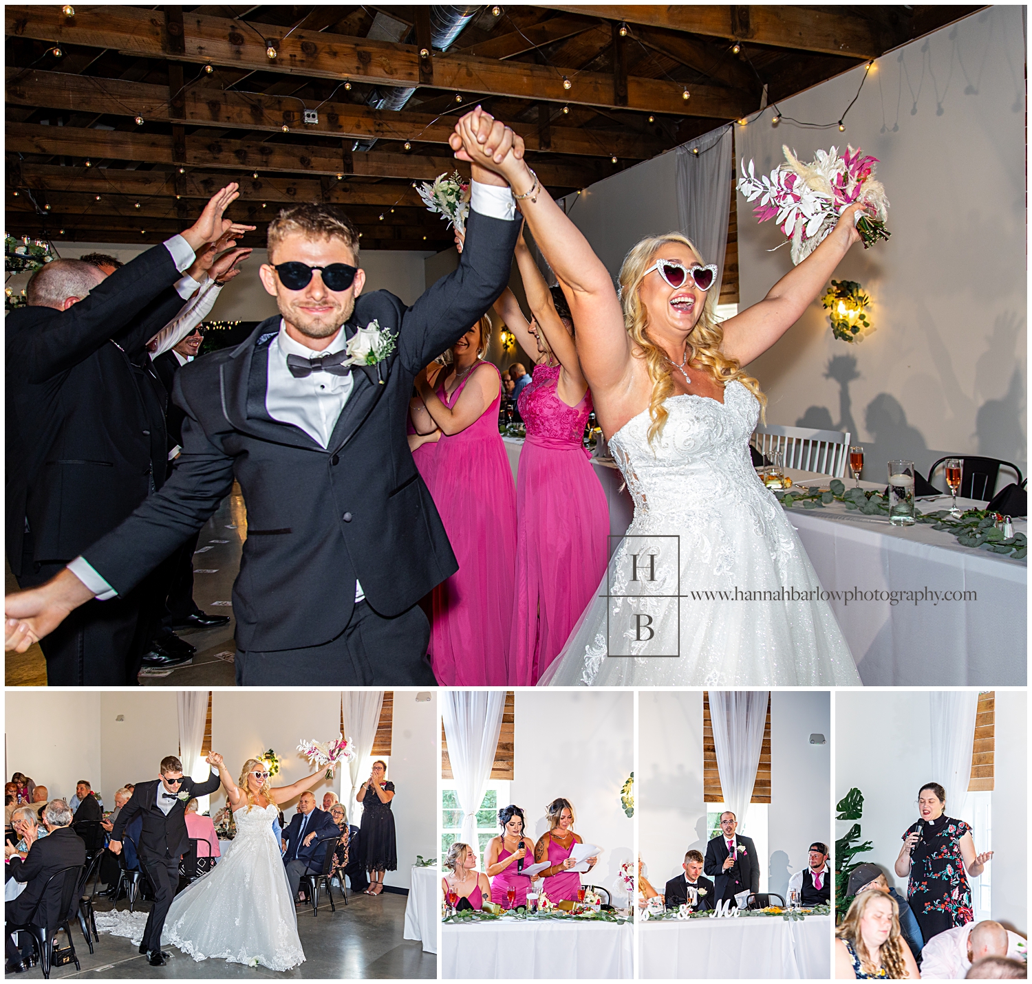 Bride and Groom wear sunglasses as they enter their wedding receptio