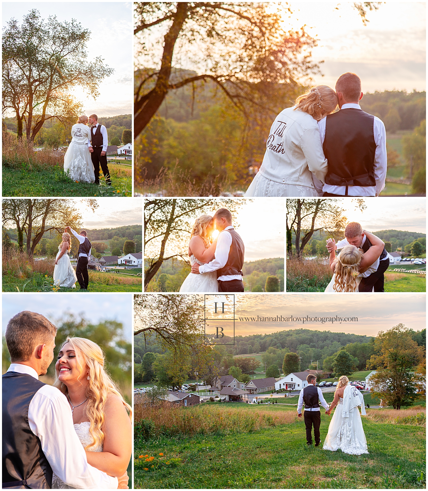 Golden hour wedding photos on hill