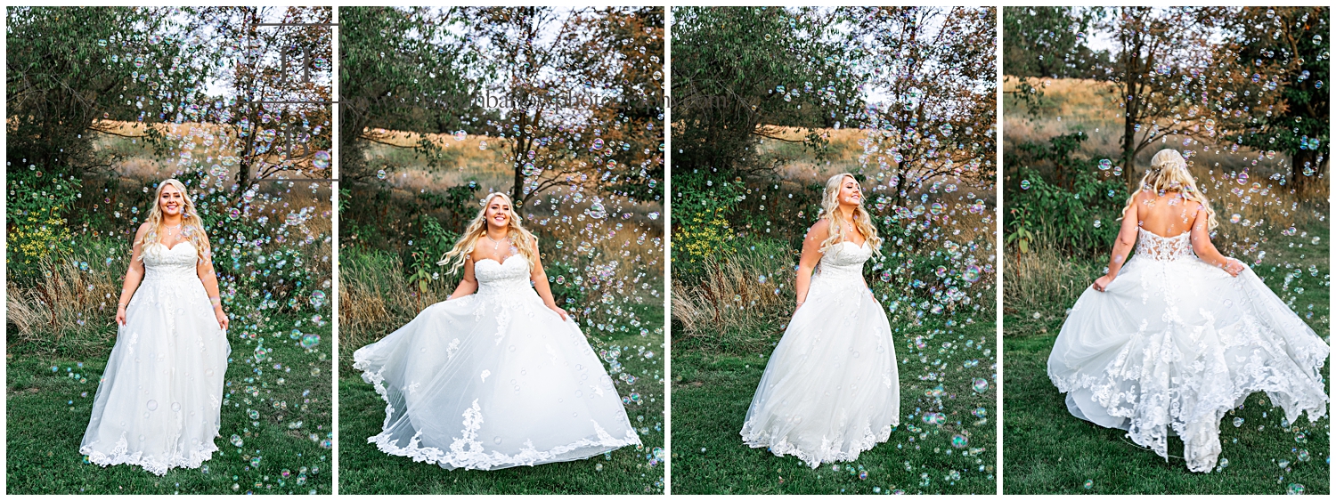 Bride spins and dances in bubbles