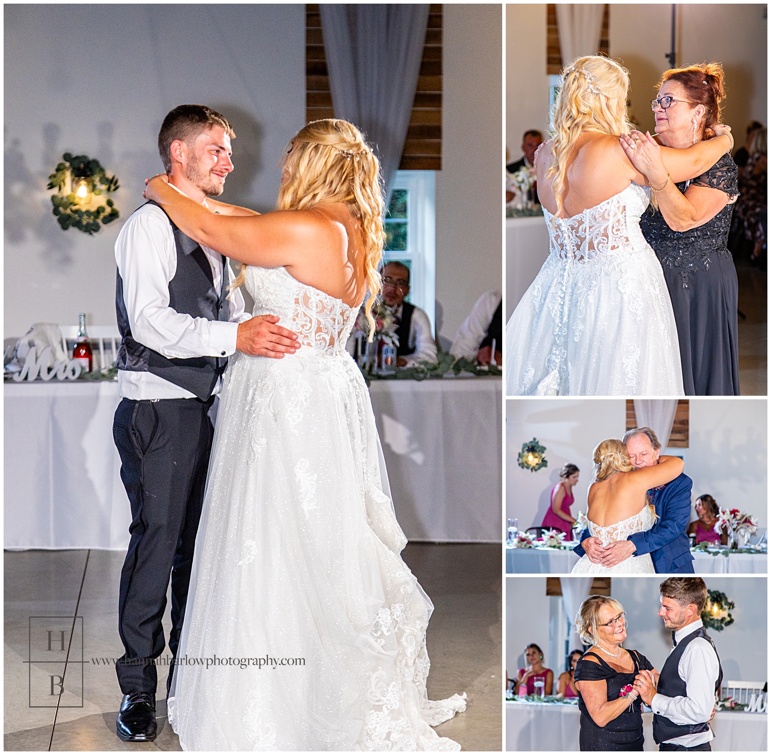 Bride and groom share first dances at wedding reception