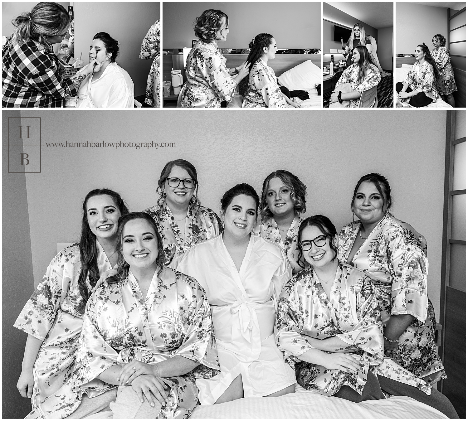 Black and white photos of bride and bridesmaids getting ready