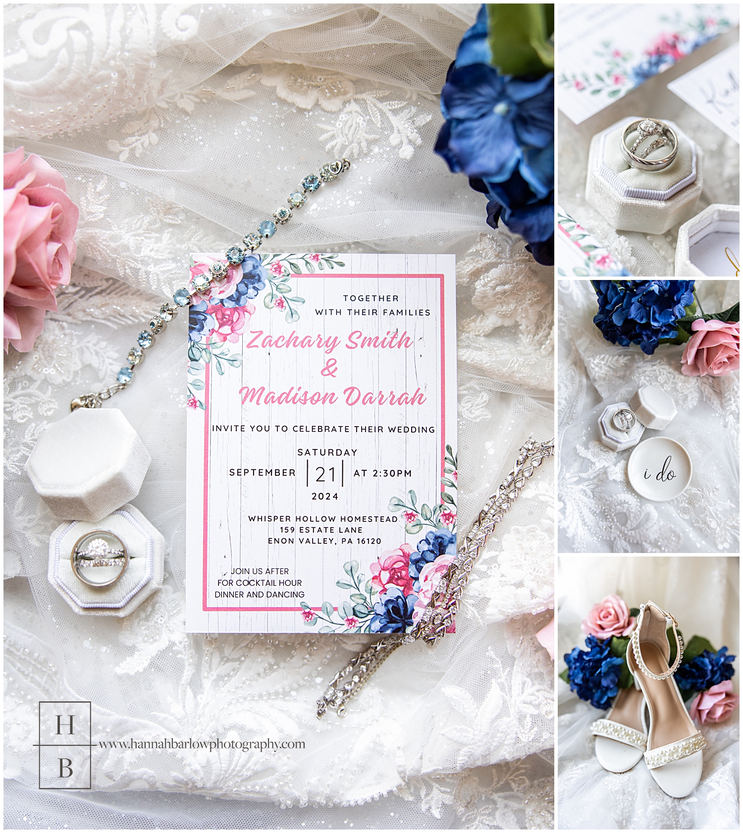 Pink and navy wedding invitation and details