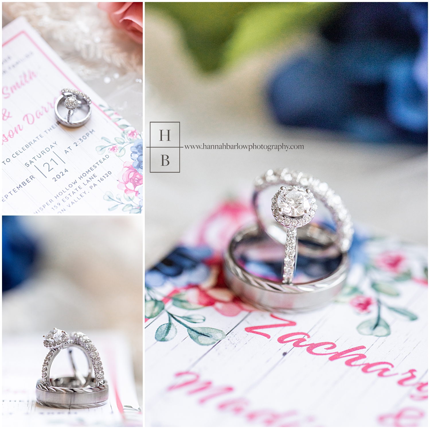 Wedding ring stand up on pink and navy wedding invitation