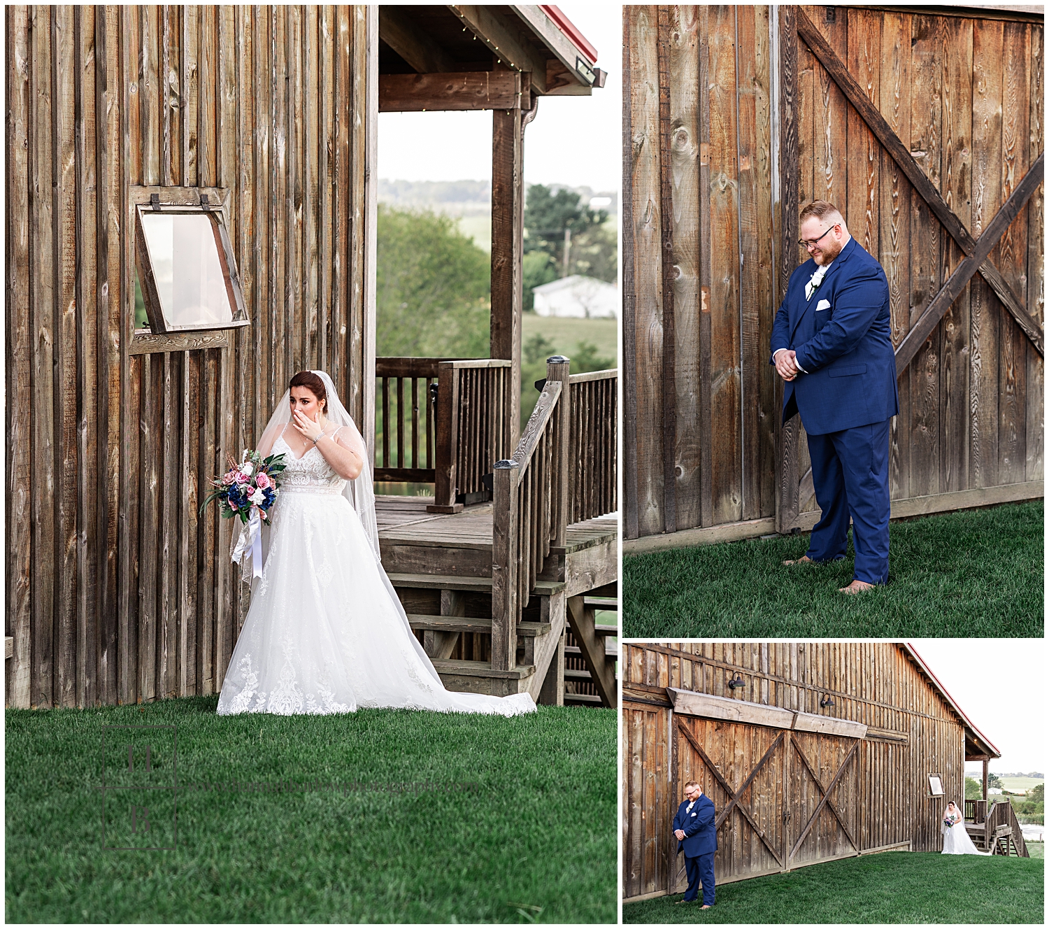 Bride and groom experience first look next to barn