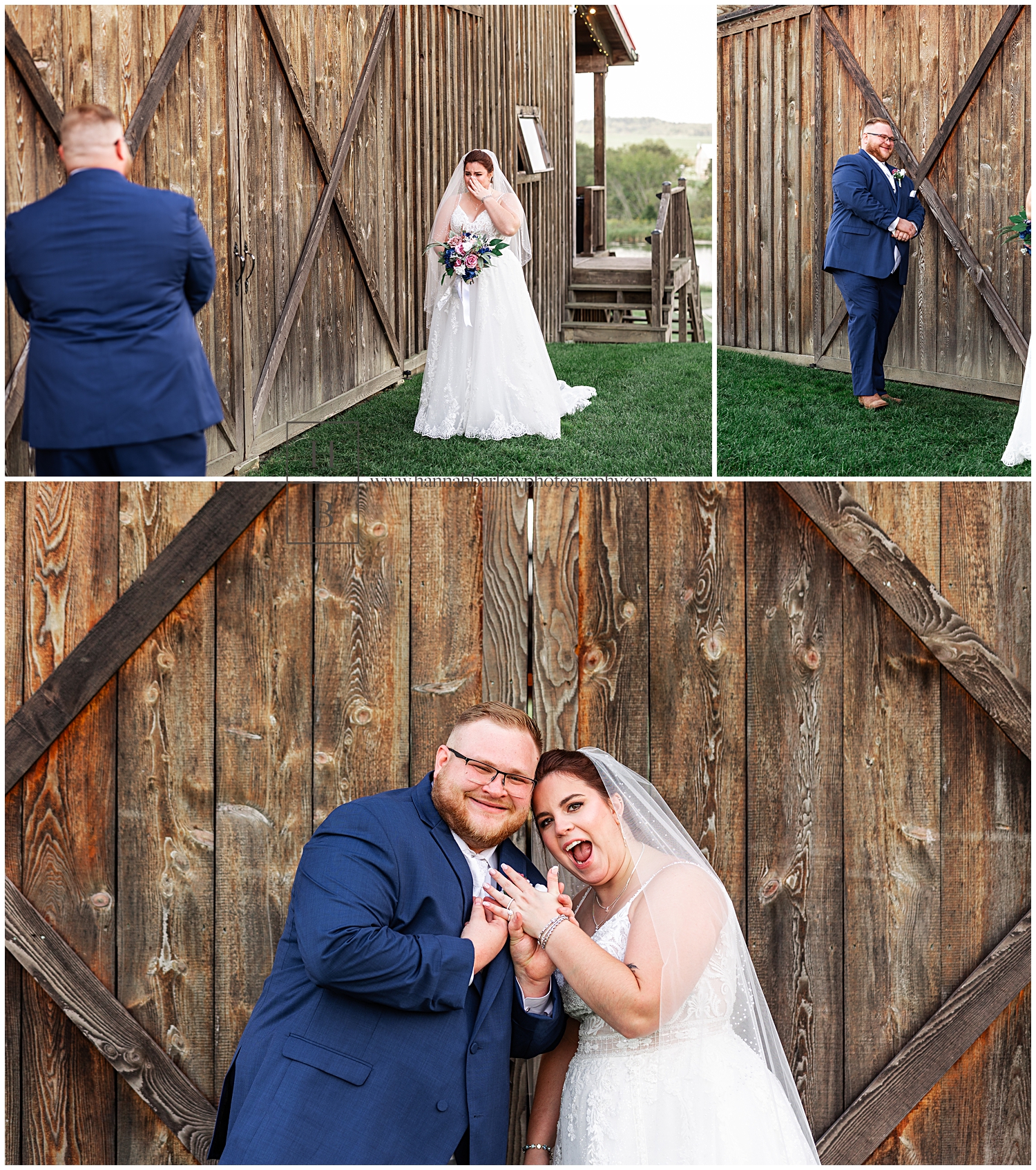 Bride and groom stand by barn and celebrate getting married showing off rings