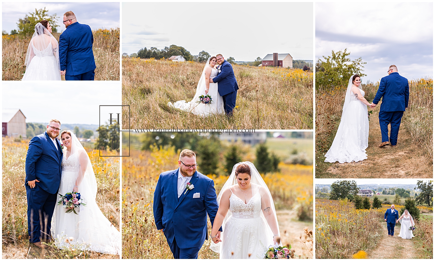 Bride and groom walk in sunny field filled with golden rod