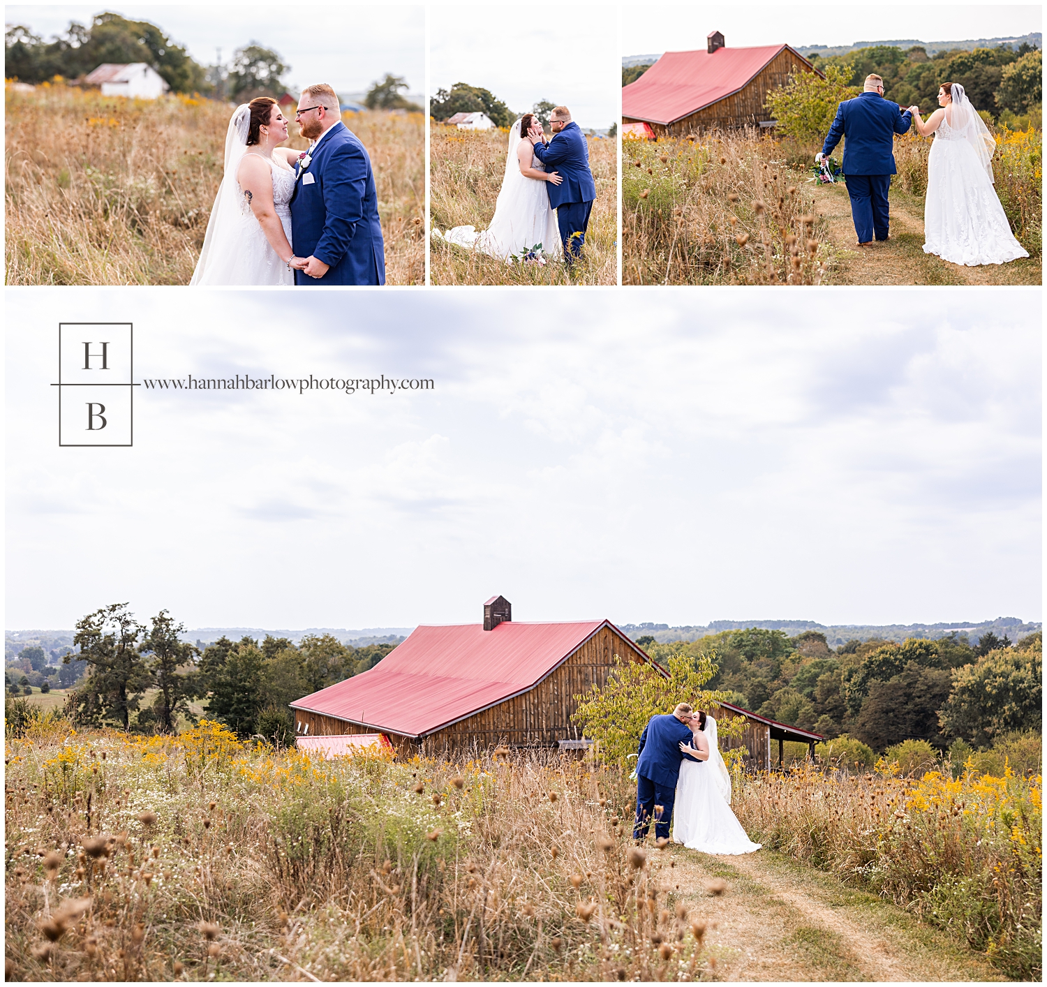 Bride and groom pose in field in front of the barn