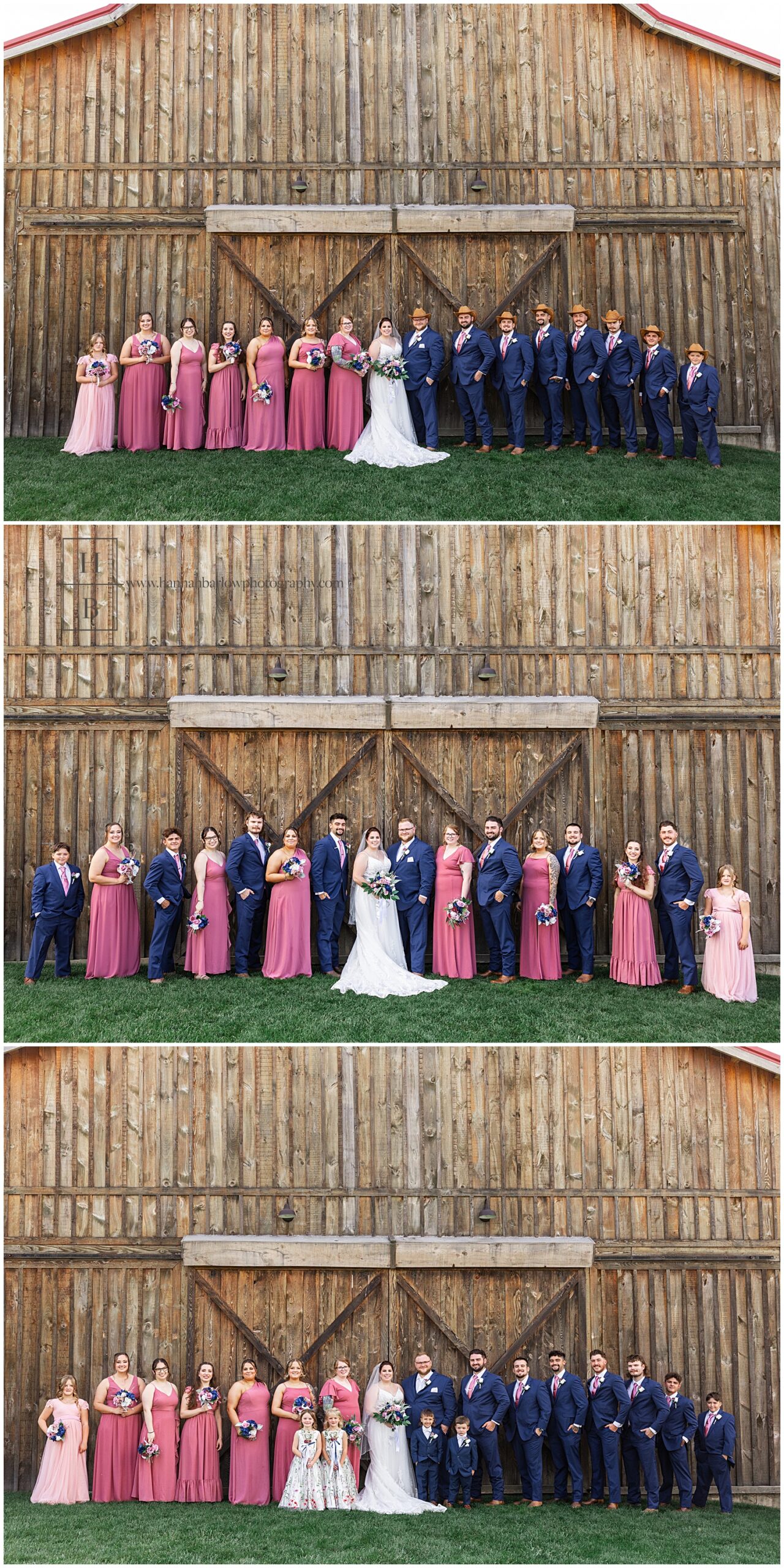 Men wear navy taxes and bridesmaids wear pink and pose in front of barn