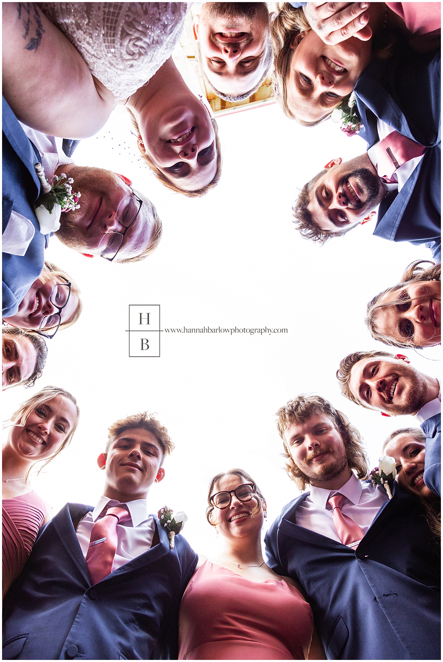 Photo of bridal party looking down at ground in a circle