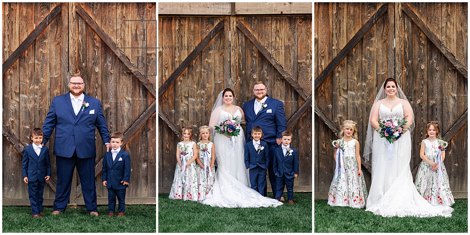 Bride and groom pose with flower girls and ring bearers