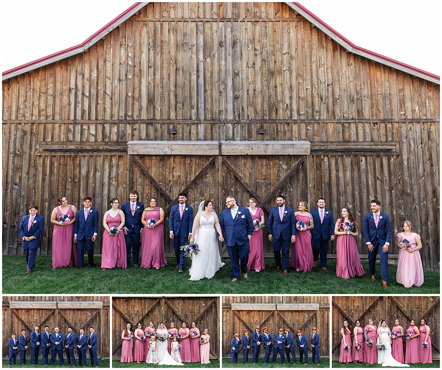 Bridal party poses in front of barn