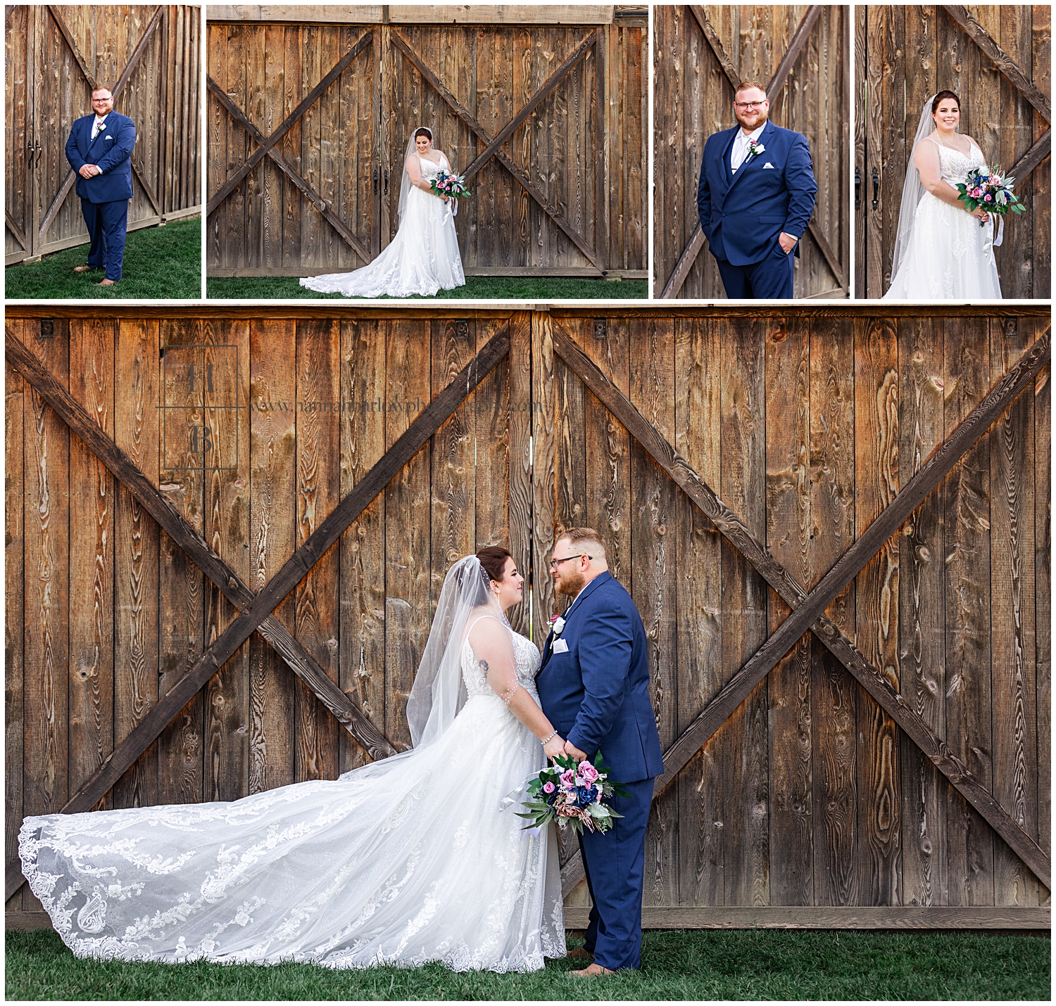 Bride and groom hold hands and pose in front of barn