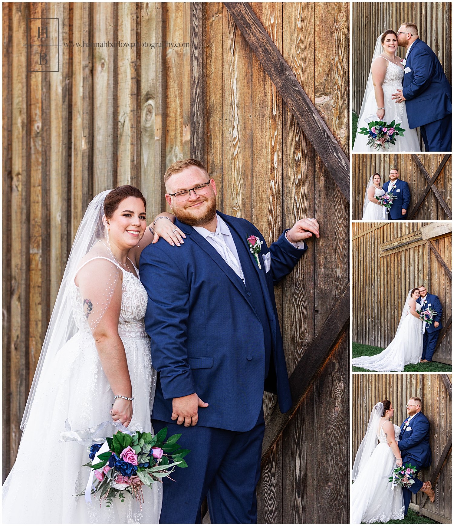 Groom leans against the barn and poses with bride