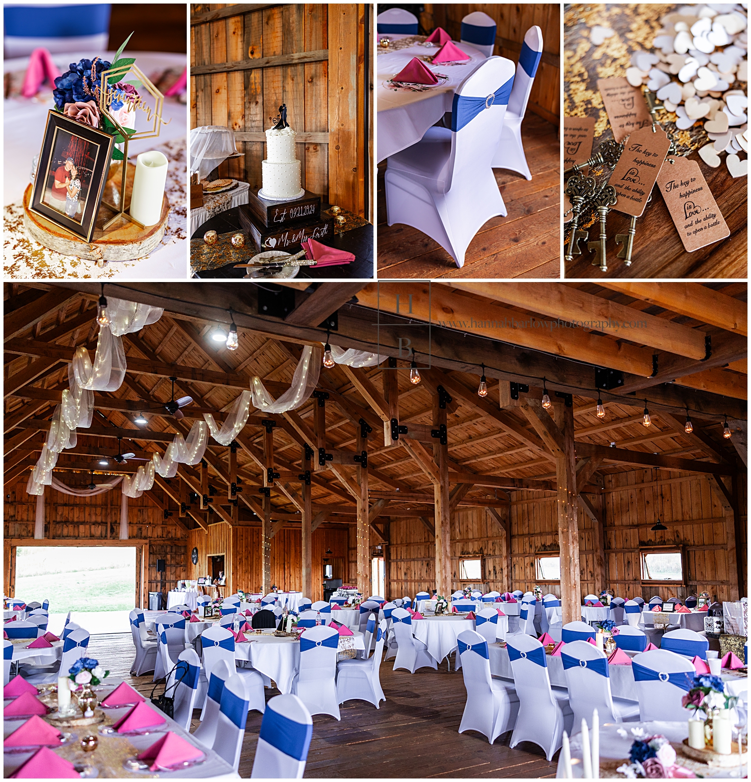 Pink and navy wedding reception in a barn