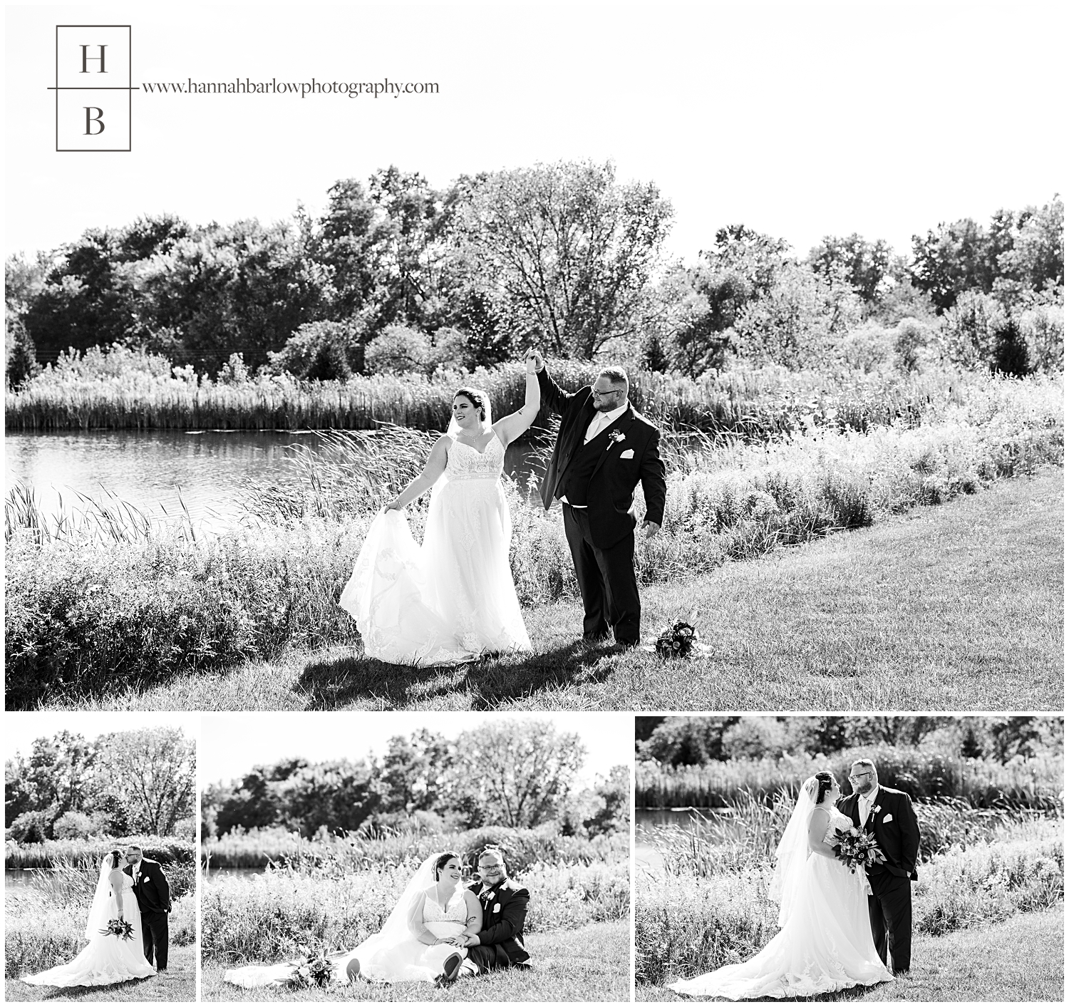 Black and white photos of bride and groom posing by lake