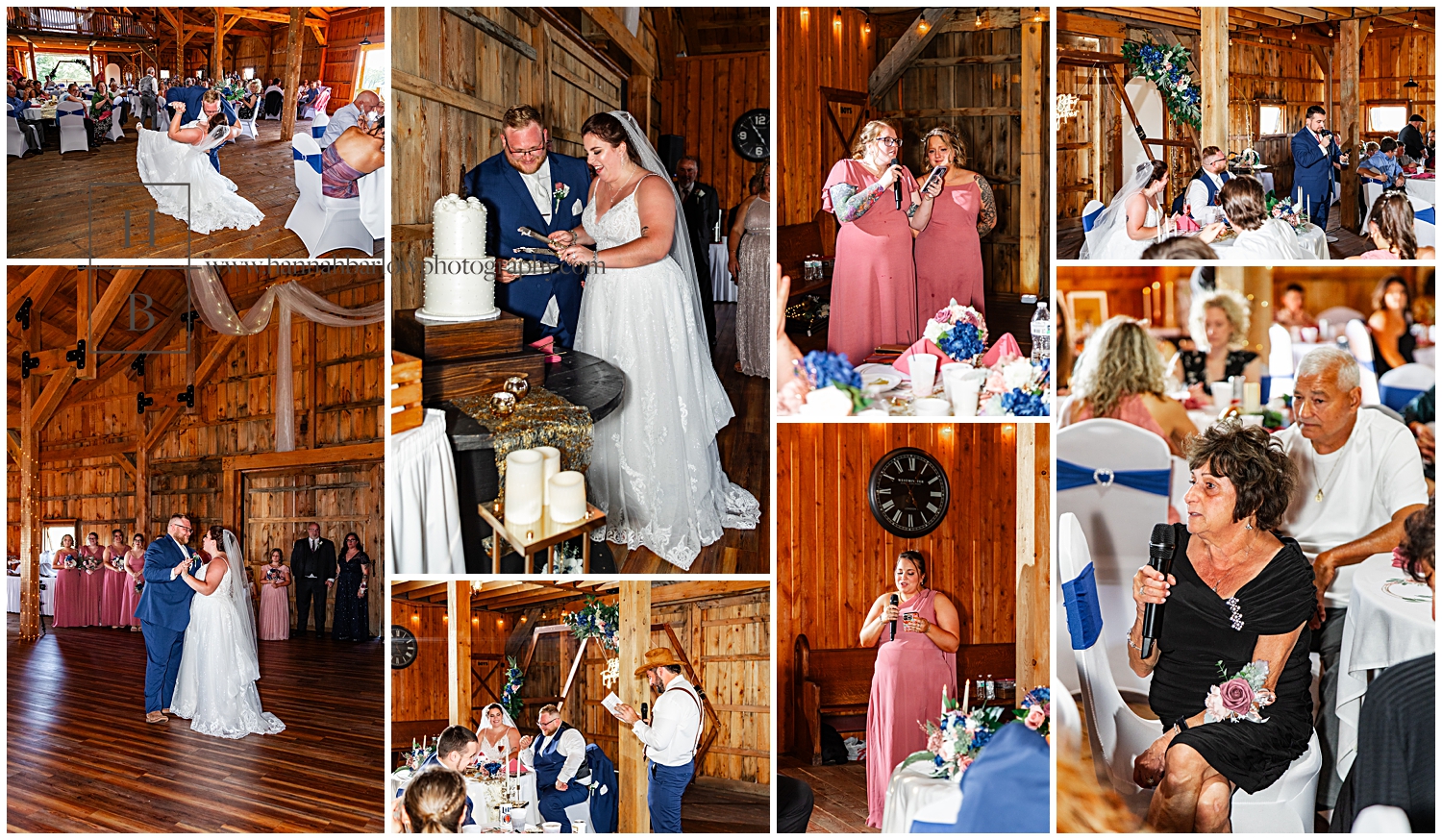 Wedding reception moments inside barn are highlighted