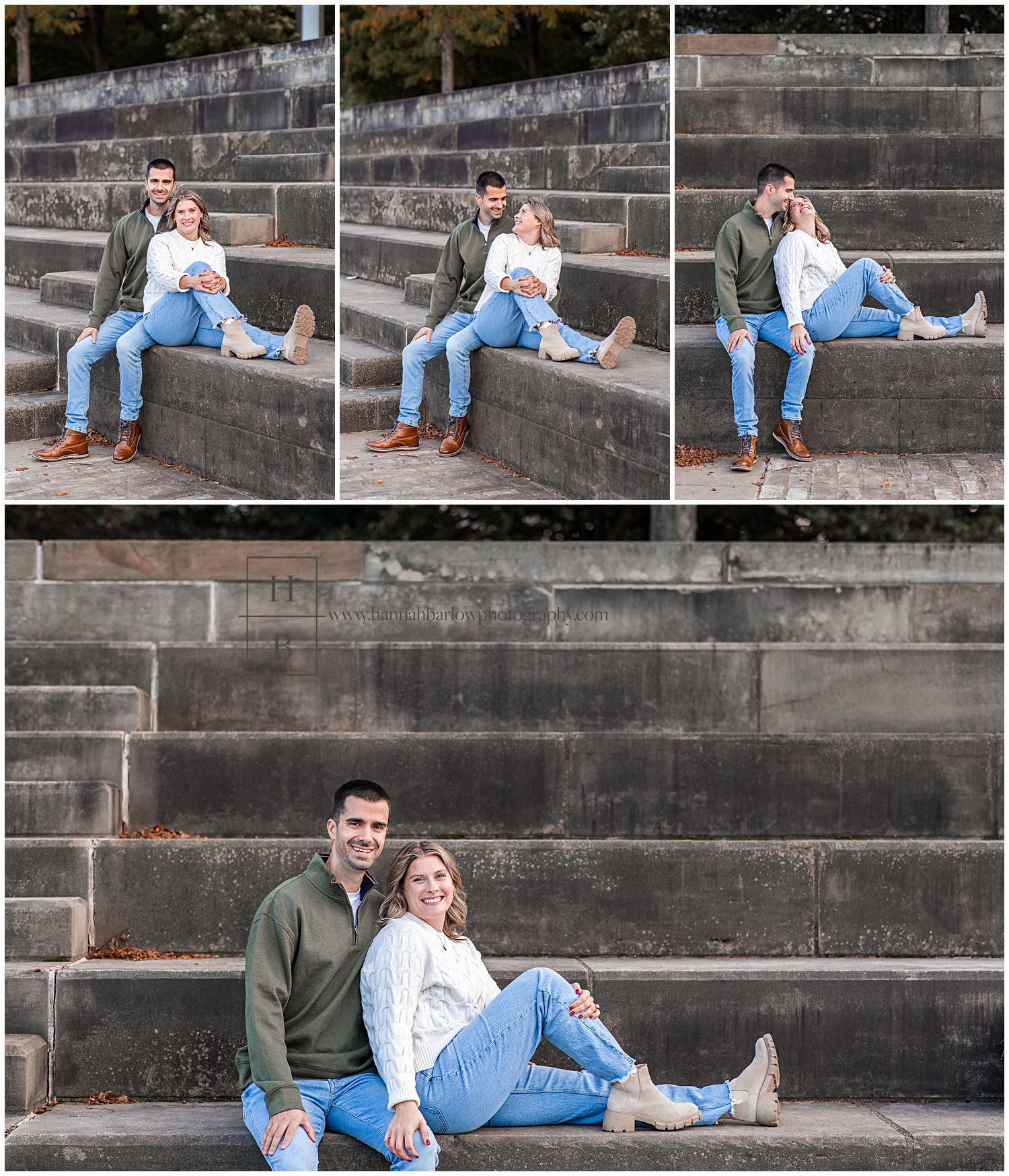 Collage of couple posing on large stone steps