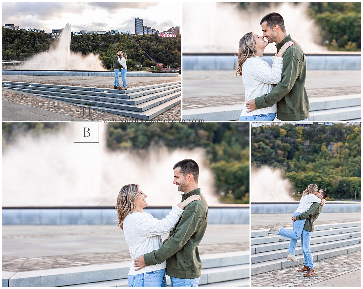 Man and woman in sweaters embrace by fountain for engagement photos