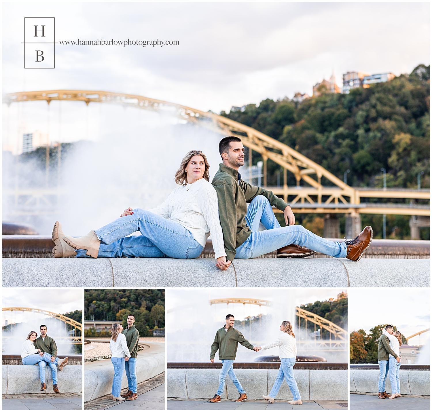 Couple in sweaters pose by fountain for engagement photos