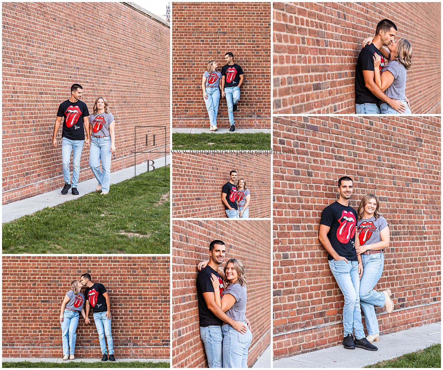 Collage of couple in Rolling Stones shirts posing for engagement photos